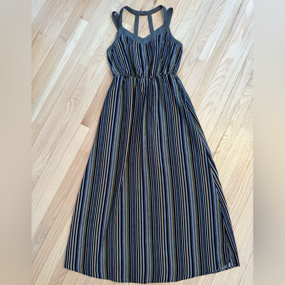 Xhilaration Sleeveless V neck Black Yellow & Pink stripe cut out back maxi dress